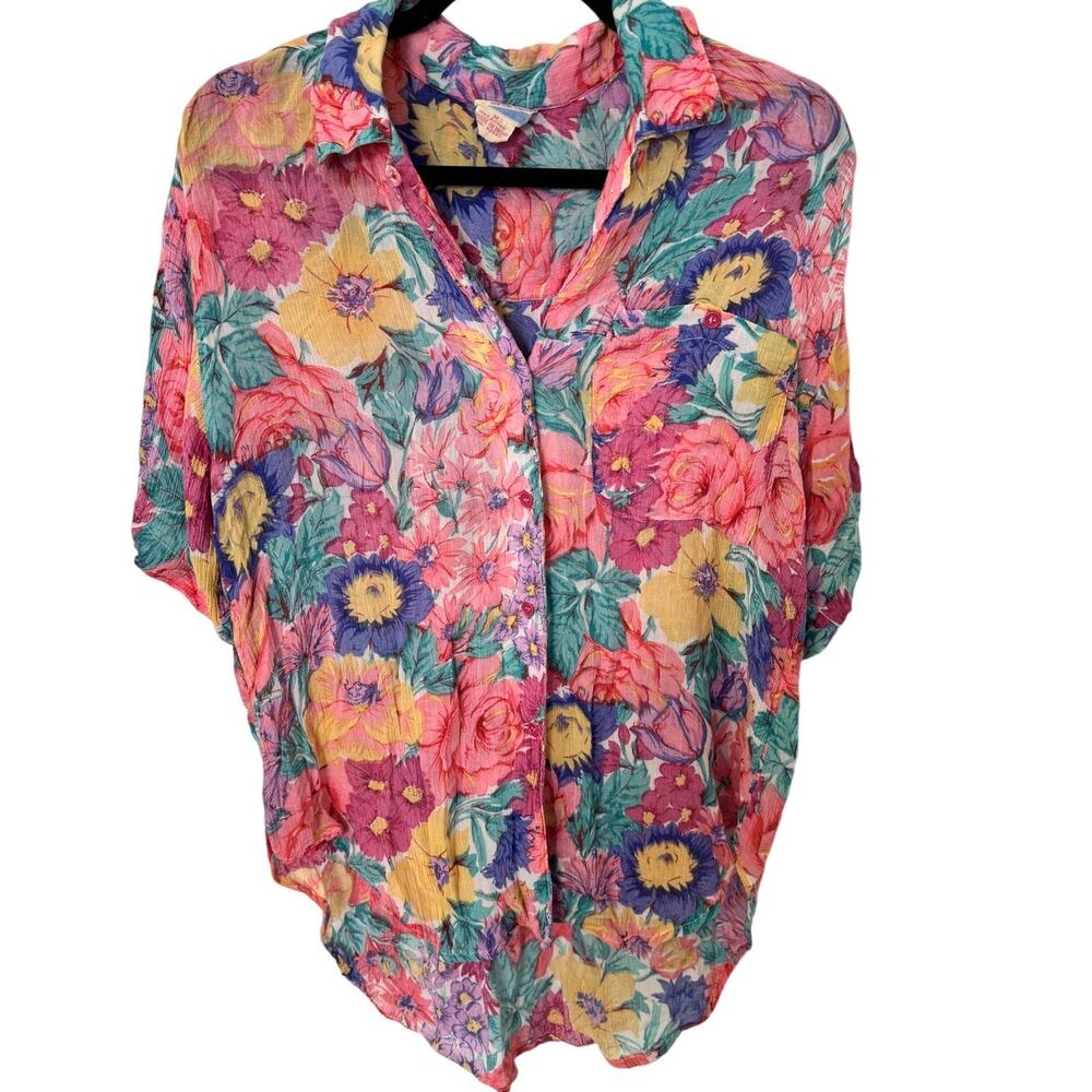 Adini | Vintage 90s Floral Rayon Crinkle Gauze Button Up Blouse Med Boho India